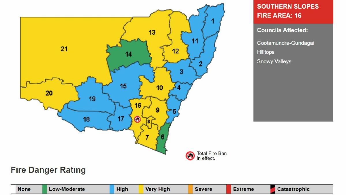 The Rural Fire Service map of fire danger conditions and Total Fire Bans for January 15.