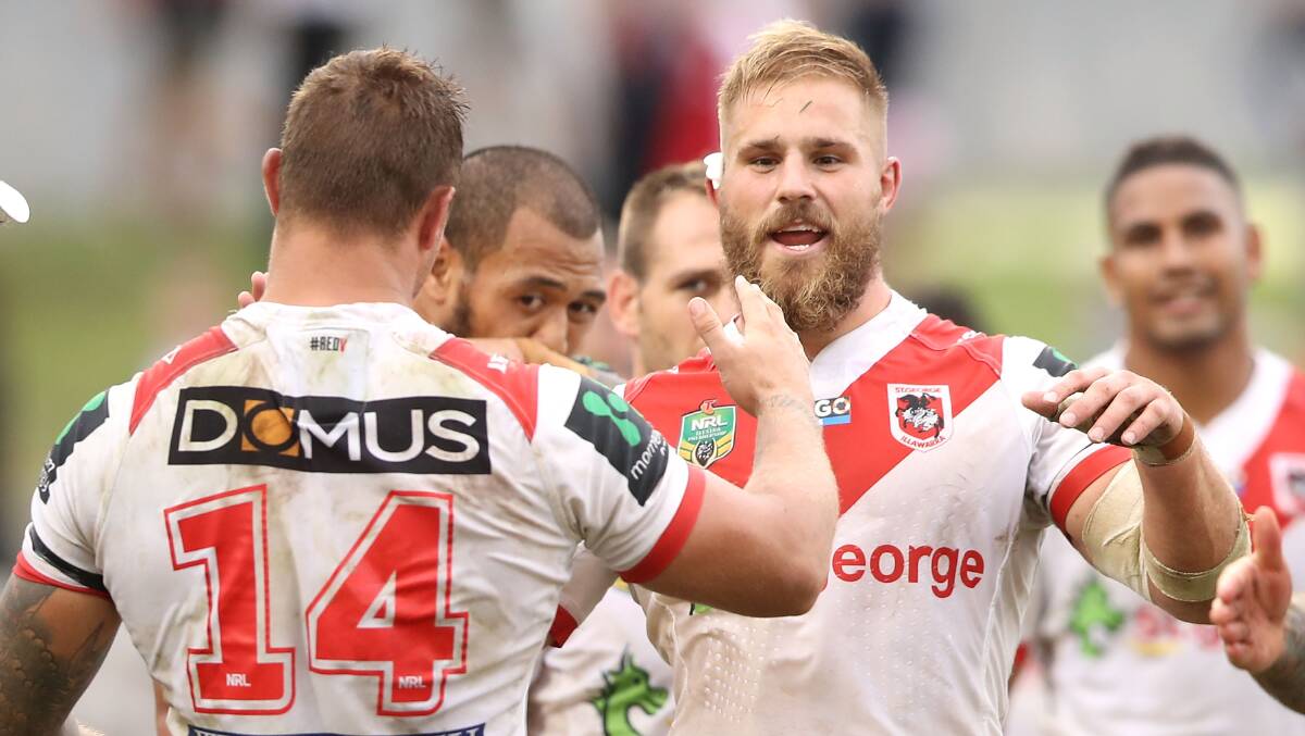 BACKING UP: Jack de Belin (right) has pulled up well from Origin I and will don the red V for St George Illawarra on Monday night. Picture: Getty Images