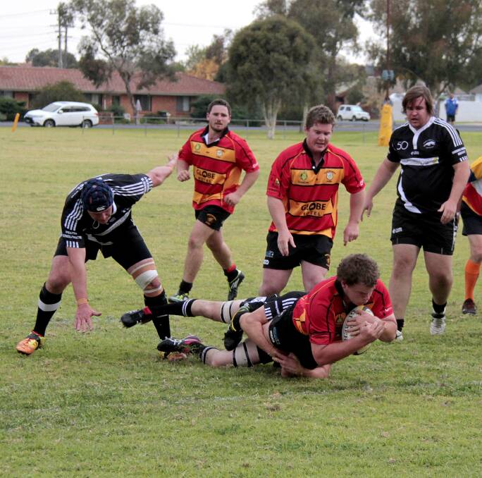 MEAT PIE: Tricolours lock Sam Bush crashes over for a try against Grenfell Panthers at the Country Club Oval. Picture: Kelly Manwaring 