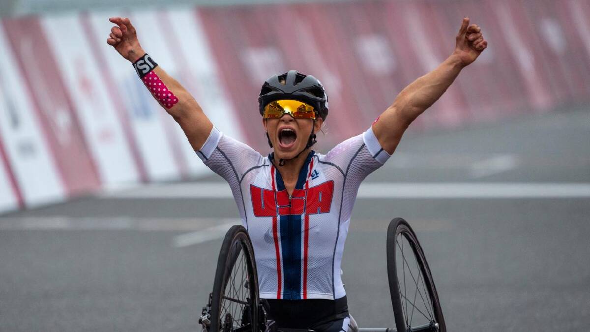 Oksana Masters winning the H5 road race at the summer Paralympics in Tokyo 2021. (AP PHOTO) Oksana Masters winning the H5 road race at the summer Paralympics in Tokyo 2021. (AP PHOTO)