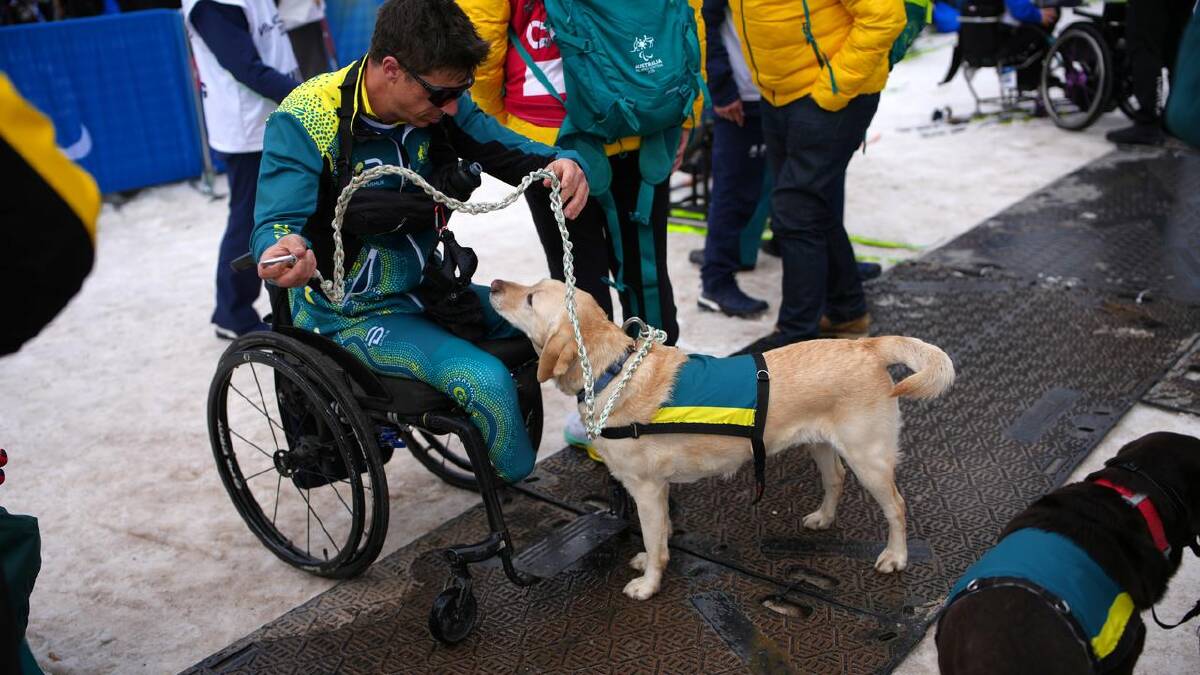 Cross country skier Dave Miln is welcomed back by his dog Suki after competition. (AP PHOTO)