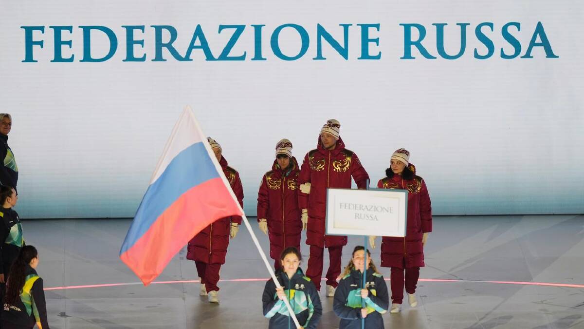 The Russian flag is flown at the opening ceremony. (AP PHOTO) The Russian flag is flown at the opening ceremony. (AP PHOTO)