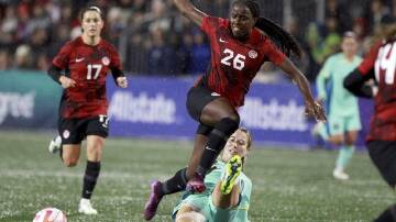 Simi Awujo (26) was one of four Canadian goalscorers in the 5-0 thrashing of the Matildas. (AP PHOTO)