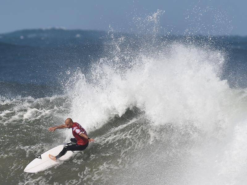 Kelly Slater has won his elimination round two heat to advance at Bells Beach. (James Ross/AAP PHOTOS)