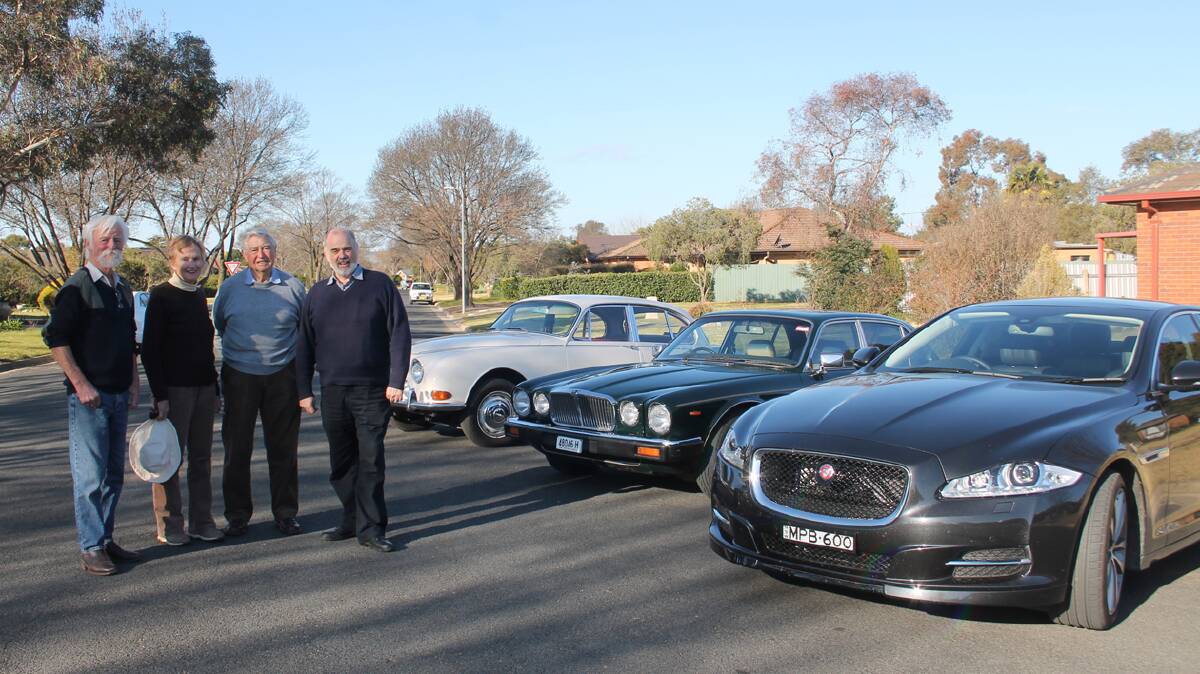  SHOW AND SHINE: Jaguar owners (from left) Malcolm Chaplain, Margot Lyon, John Lyon and Paul Braybrooks will display their cars at the Vintage Sports Car Club annual sprint. The three Jaguars pictured (from left) are the 1966 S Type, 1984 XJ6, 2014 XJ.