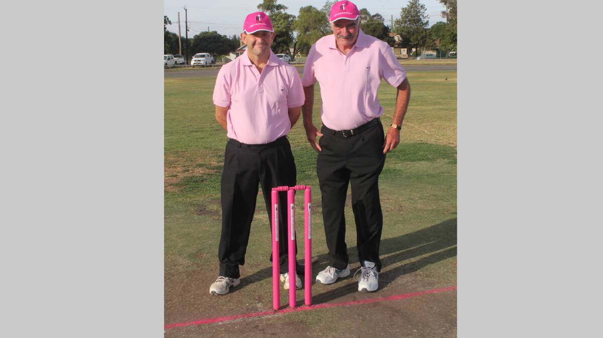  IN ON THE ACTION: Even the umpires got in on the pink theme of last year’s Pink Stumps Night in aid of the McGrath Foundation with Rick Becquet (left) and Pat Kerin sporting their pink shirts. 