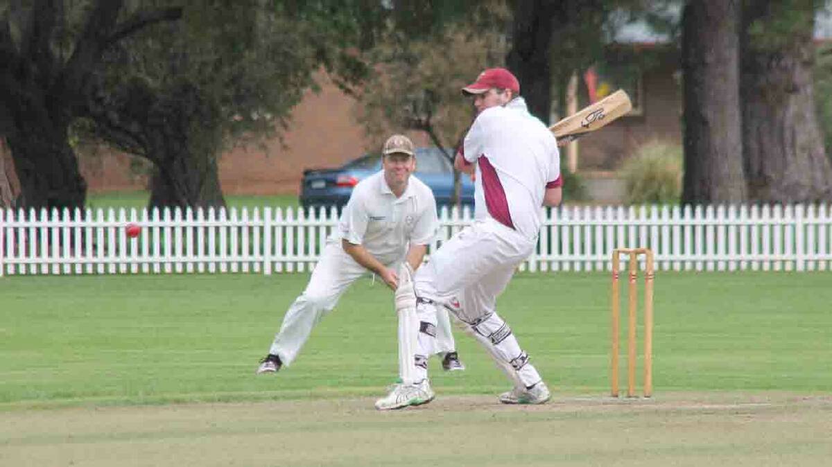 BIG SHOT: Stockinbingal’s Sam Annetts plays a short ball in the Sparre Cup preliminary final played at the weekend. Country Club ended up winning the match by 32 runs.
