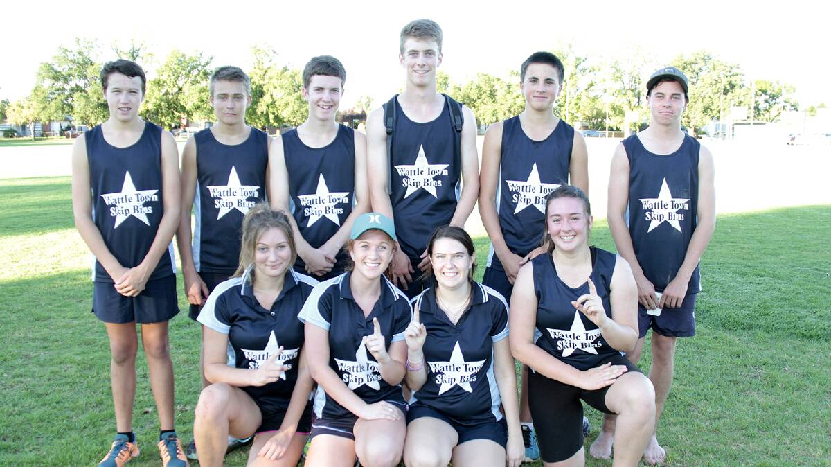  C GRADE WINNERS: pictured back (from left) are Shaun Delaney, Pat Doidge, Jake Turner, Jesse Turner, Billy Squire and Blake Guthrie. Front (from left) are Ashleigh Heritage, Kiera White, Maggie Jordan and Teneille Allen. The Wattle Town Skip Bins were crowned the champions of the B grade following a 7-6 against the Central T in the grand final. 
Photo: Kelly Manwaring