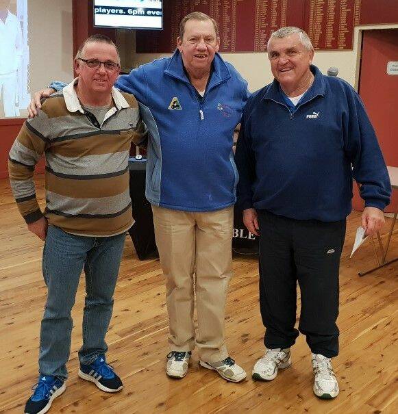 WIN: Winners of the inaugural past bowlers single entry pairs Neil Blackett and Jeff Cook pictured with Bob New. Photo: CONTRIBUTED