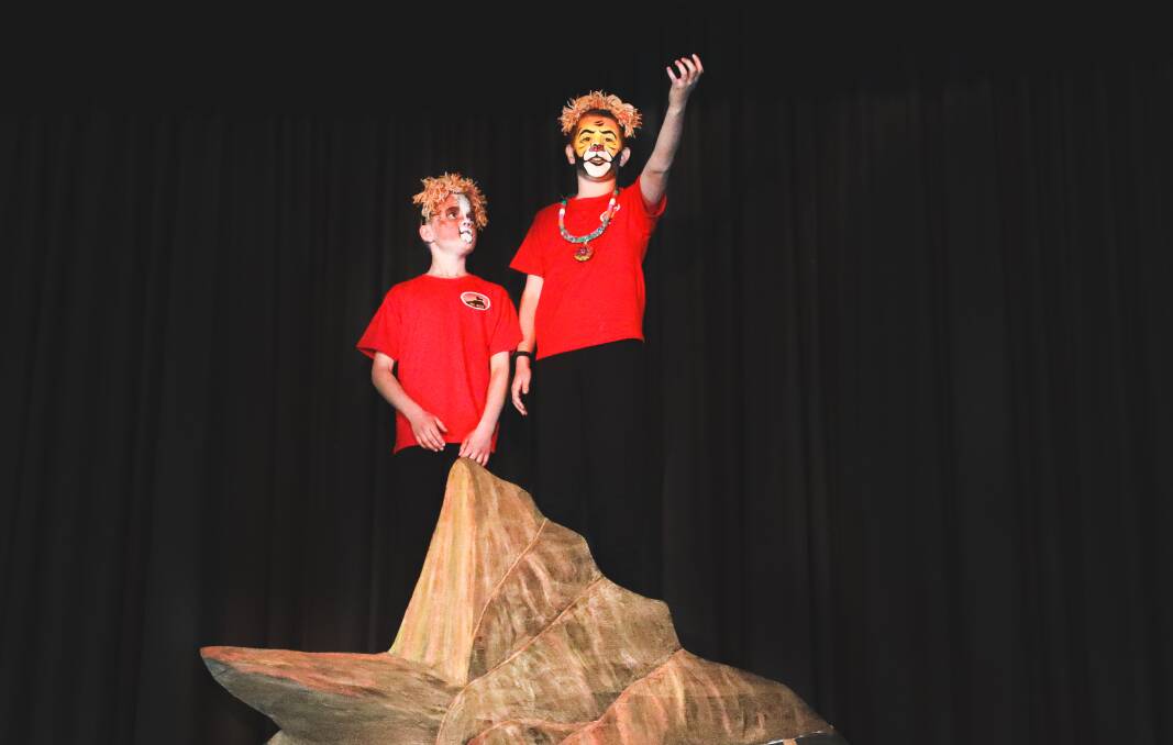 THERE, COMES A LION: Students Oliver Hall as 'young Simba' and Harry Boxsell as 'Mufasa' on Pride Rock during rehearsals. Photo: Bec Herring
