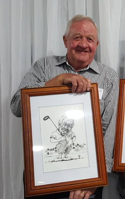 Phillip Moon receiving the traditional caricature for organising the NSW Veterans Golf Association annual tournament in Cootamundra in 2016.