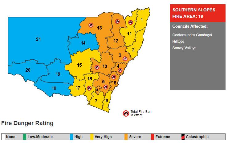 A total fire ban will be in effect on February 14. The Southern Slopes zone is number 16. Photo: NSW RFS