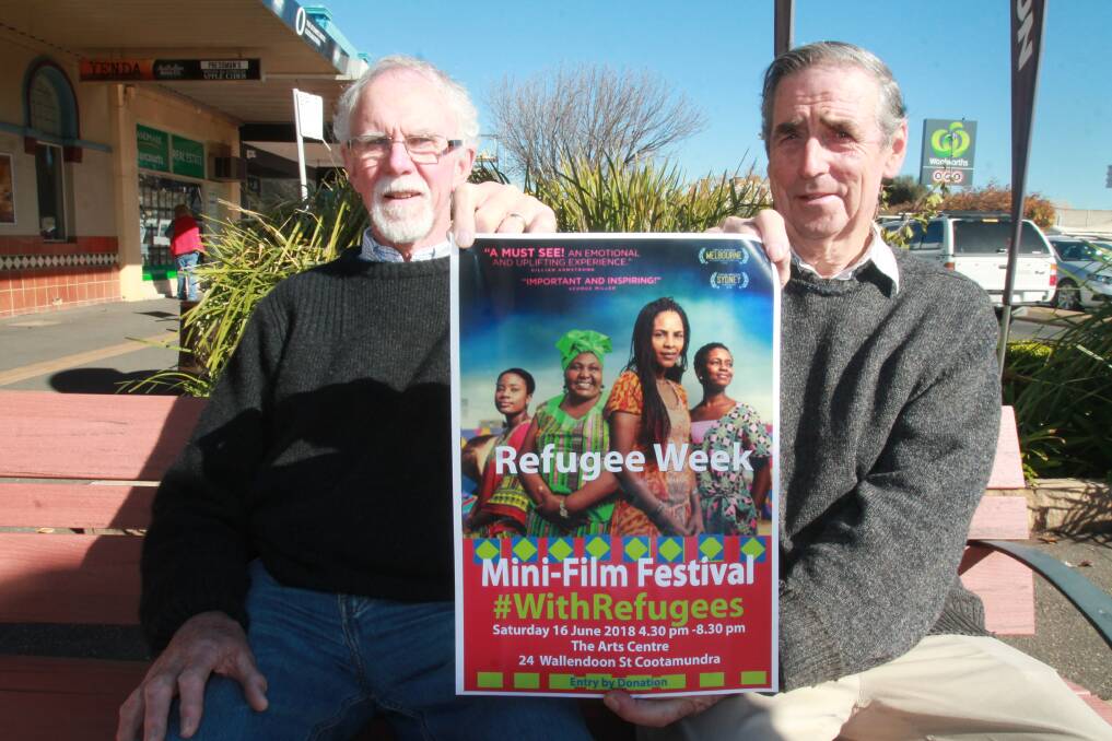 Cootamundra AWARE member Richard White with Jim Main, one of the sponsors of the #WhiteRefugees mini-film festival which will be held on June 16. Photo: Declan Rurenga