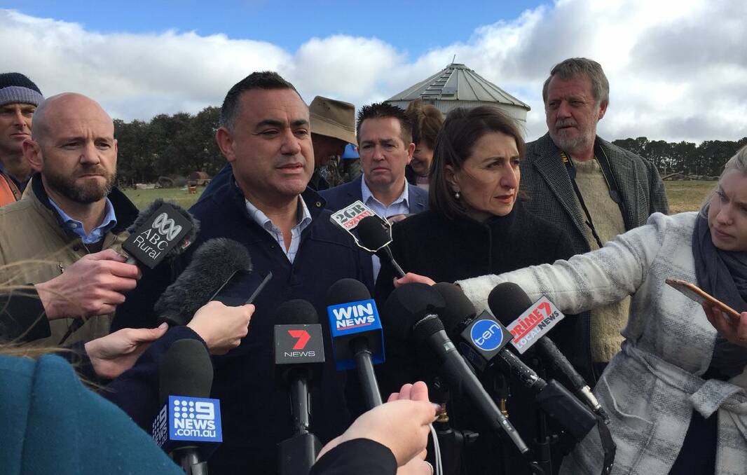 NSW Deputy Premier John Barilaro takes questions, with Agricultural Minister Niall Blair (left), Member for Bathurst Paul Toole and NSW Premier Gladys Berejiklian. Photo: Nadine Morton