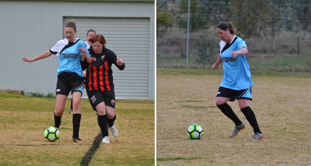 MILESTONES: Stacey Boxsell duels with a Leeton player (left) and Annette Parkinson in action for the Strikers' reserves at O'Connor Park on Sunday. Photo: Declan Rurenga