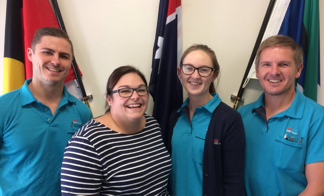 NEW FACES: Matthew McMahon, Felicity Carr, Brittany Griffiths and Andrew Atkins have joined the staff at Cootamundra hospital, not pictured is Lucy Knight and Lauren Webber. Photo: Contributed