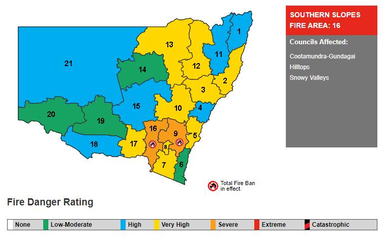 A total fire ban will be in effect on January 23. The Southern Slopes zone is number 16. Photo: NSW RFS