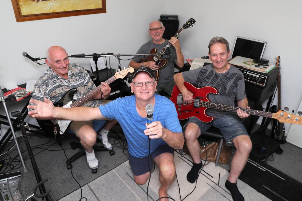 ONE NIGHT ONLY: Cootamundra band The Relics, Robert Kennedy (front), Keith Holder (left), Phil Rees and David Cook practise for their Saturday reunion gig. Photo: Les Smith
