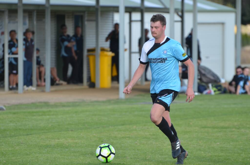 Brenton Forsyth scored the first goal for the Strikers in their win against the Tumut Eagles. Photo: Declan Rurenga