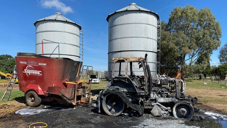 DESTROYED: A tractor was destroyed after it was set on fire at a property in South Gundagai on Saturday. Photo: NSW POLICE