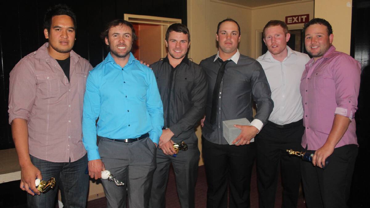  FIRST GRADE WINNERS: pictured (from left) are Aka Matapo (Coaches Award), Grant Miller (Best Back), Michael Glanville (Coach’s Award), Luke Berkrey (Player’s Player), Aaron Byrne (Best and Fairest) and Grant Boyd (Best Forward) at the Cootamundra Bulldogs  presentation.