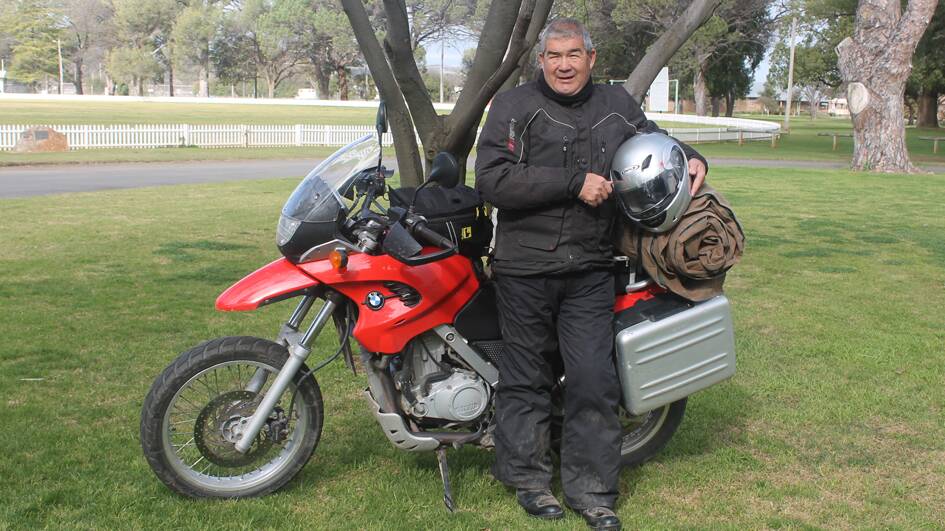 ALL SET: pictured with his 650cc BMW motorbike is Stockinbingal’s John Harper. John is geared up to travel from Canberra to Alice Springs and back again with hundreds of others from across the country to raise awareness of depression and suicide prevention. 